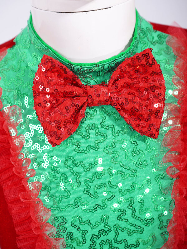 Kids Girls Christmas Dance Tutu Dress Long Sleeve Sequin Velvet Skating Dress Xmas Cosplay Party Costume Performance Dancewear