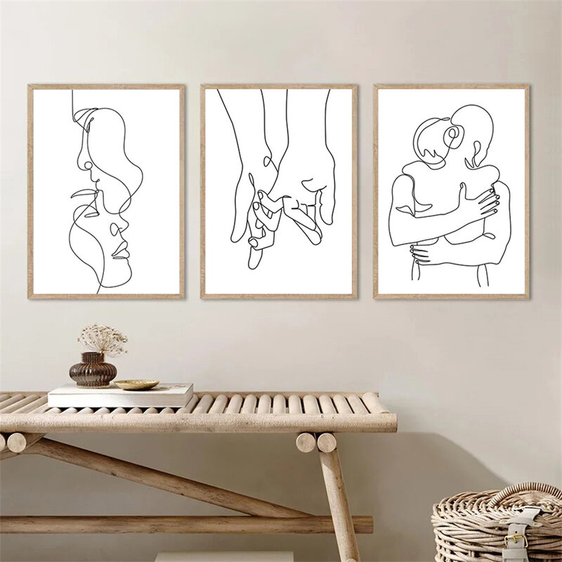 Linha romântica Casal Pintura Canvas, Hands Love Poster, Abstract Wall Art Print, Pôsteres minimalistas, Imagem, Sala de estar, Home Decor