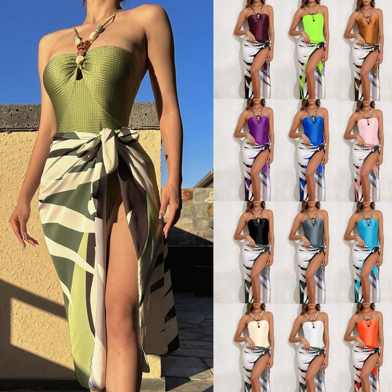 2024 V Neck Gradient Color Cut Out One Piece Swimsuit with Cover-Up Women's Fashion Beach Swimwear Skirt Luxury Bikini Beachwear