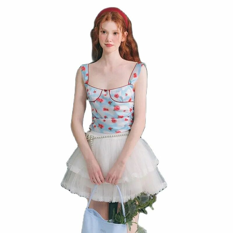 Vestido floral retrô com alça de espaguete feminino, vestido de verão, mini moda, estética, sexy, clube, festa, verão, Y2K, arco