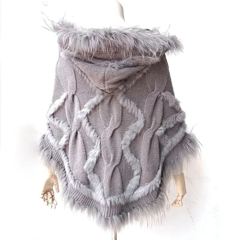 Poncho con capucha de piel de conejo Real de punto de Cachemira para mujer, capa suelta y cálida, talla grande, Invierno