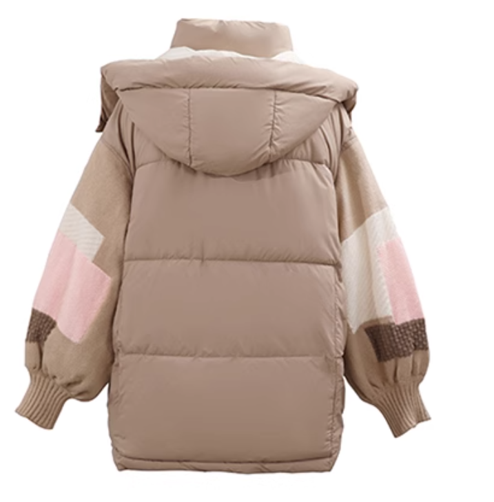 Odzież damska modna, patchworka luźny płaszcz wyszczuplający z kapturem zimowy nowy S2