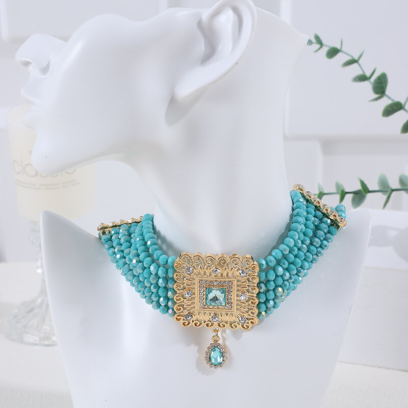 Collar de estilo cuadrado para mujer, cadena de cuentas de diamantes de imitación chapados en oro, estilo marroquí, árabe, para boda, fiesta, regalos de San Valentín