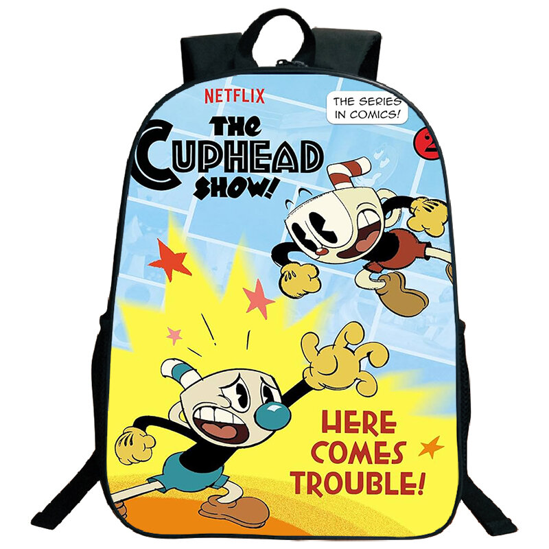 3D Print Cuphead Backpack Funny Cartoon School Bags for Teenager Laptop Daypack Large Capacity Travel Rucksack Boys Bookbag Gift