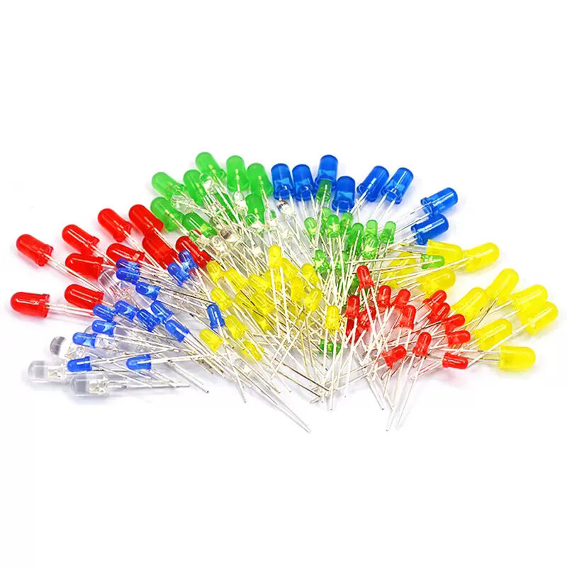 Assorted led kit luz, 3mm, 5mm, branco, amarelo, vermelho, verde, azul, kit eletrônico diy, 100pcs