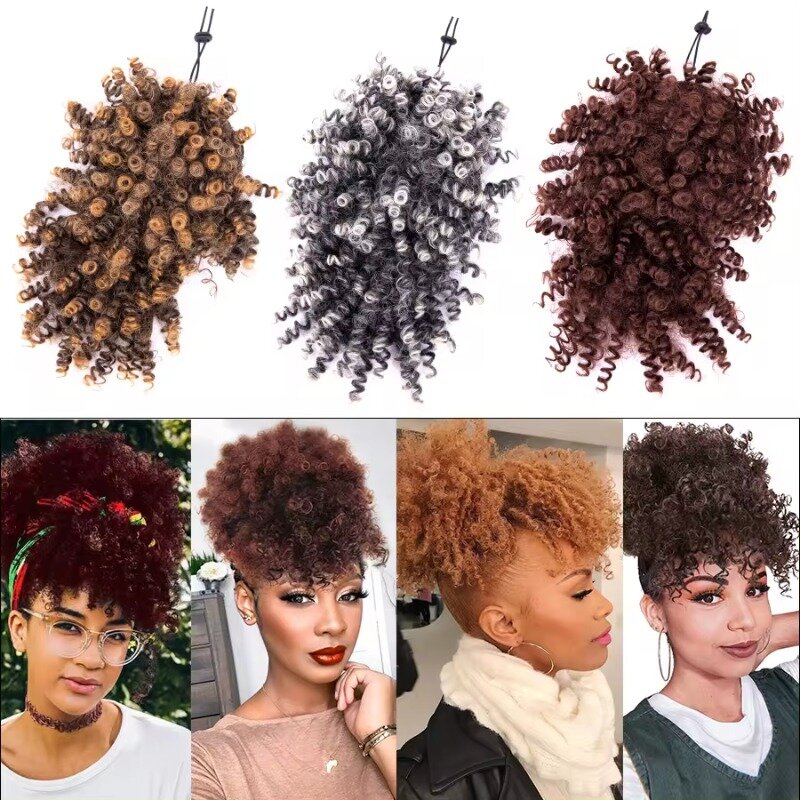 Rawstring Afro High Puff with Bangs Extensions Synthetic Hair D Short Kinky Curly Hair Bun Clip in For Women