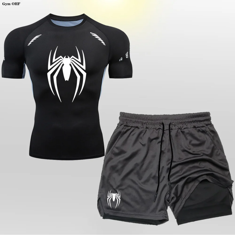 Шорты для бега 2 в 1, мужские комплекты, быстросохнущая спортивная рубашка Рашгард для фитнеса, комплект одежды супергероя, футболка для спортзала, мужская одежда