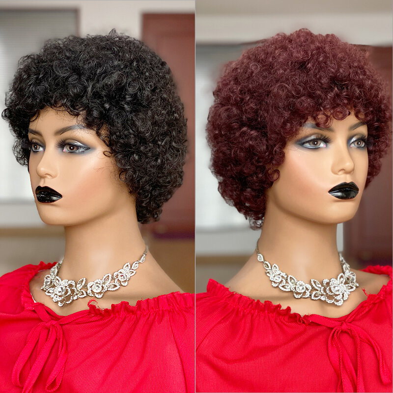 Perruque Brésilienne Naturelle Courte en Cheveux Remy Crépus et Bouclés, Coupe Pixie, Accessoire de Beauté de la Coiffure pour Femme