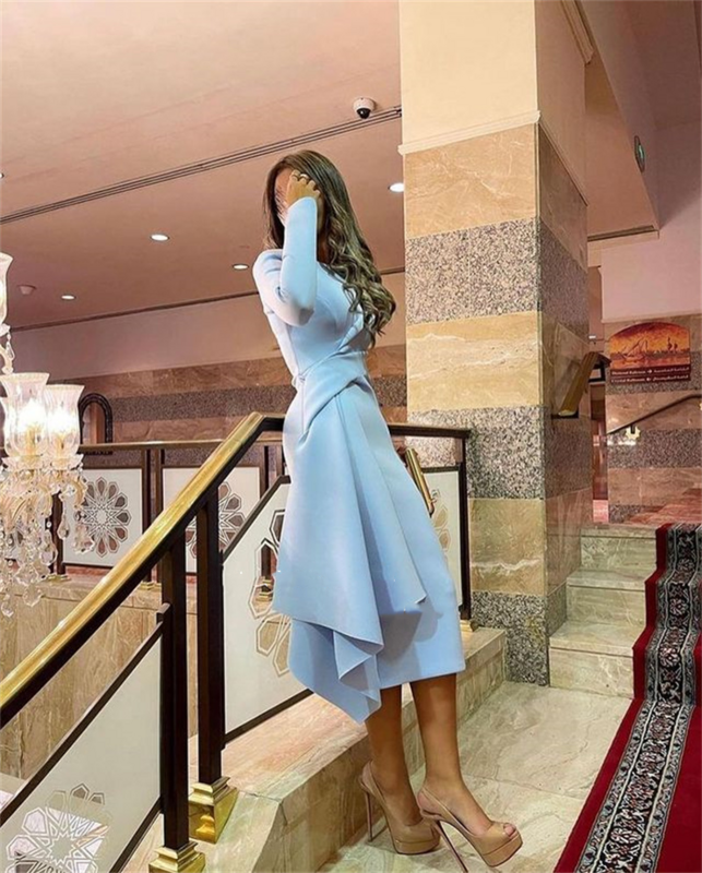 Elegant Sky Blue Mermaid Prom Dresses Satin O Neck Long Sleeves Evening Dresses Vestido De Noche فساتين السهرة Dubai 2023