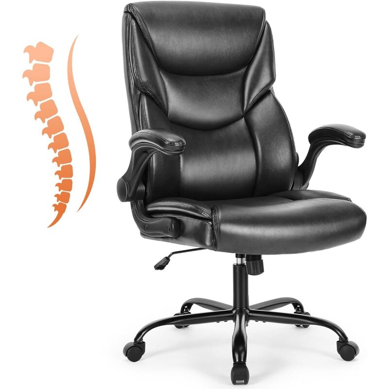 Kursi kantor ergonomis, kursi meja tugas berat punggung tinggi dengan lengan lipat, kulit PU, kursi putar & roda dapat disetel