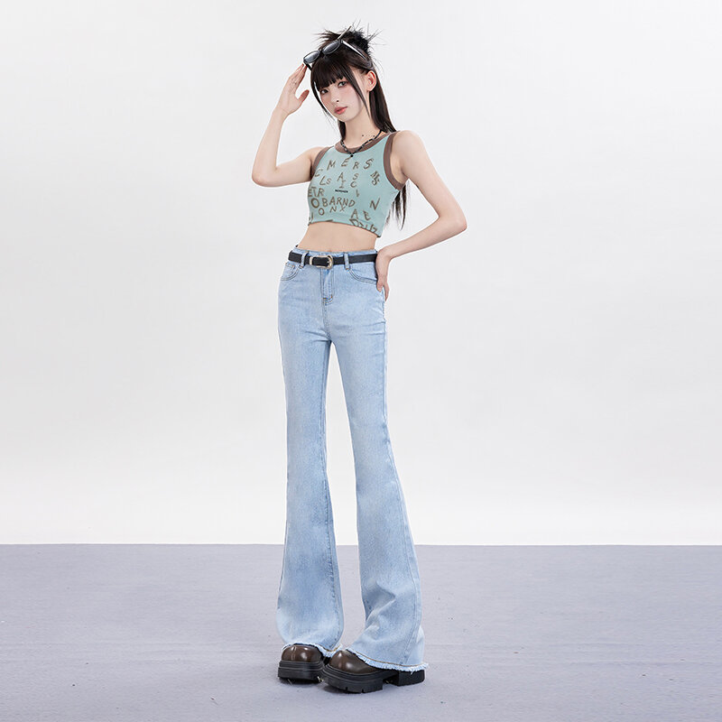 Damskie dżinsy modne dżinsowe rozkloszowane spodnie elastyczne Force Vintage Streetwear wysoki stan Slim spodnie Harajuku