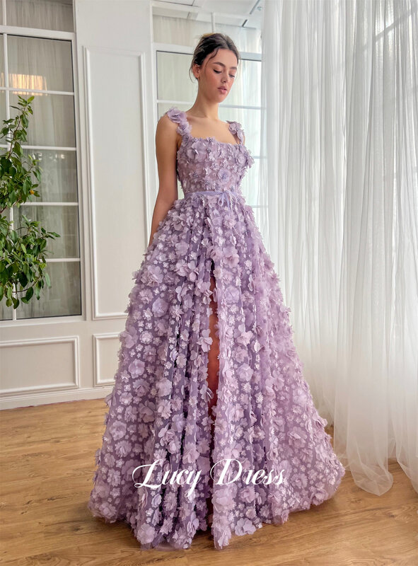 Фиолетовое бальное платье Люси с разрезом для свадьбы, выпускного вечера, ТРАПЕЦИЕВИДНОЕ трехмерное цветочное тканевое платье для выпускного вечера, яркое длинное платье 2024
