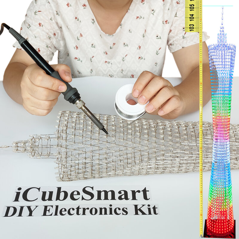 iCubeSmart Kit Elektronik DIY Model Menara Kanton Led, Kit Proyek Solder Buatan Tangan Model LED, 64 Lingkaran LED, Tinggi 1 Meter.
