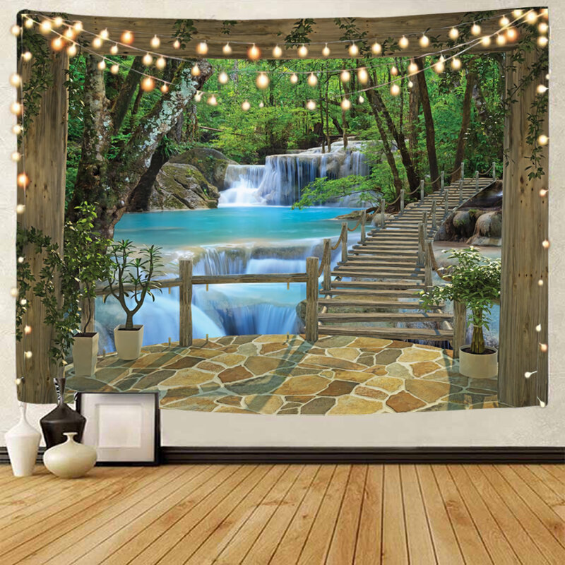 Beautiful door and window background decoration tapestry, small bridge outside the window, flowing water decoration tapestry