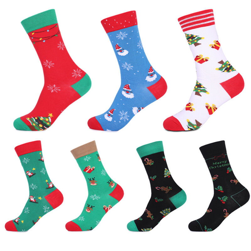 Chaussettes en coton peigné pour hommes, tube moyen, dernière conception, automne, hiver, cadeaux de Noël colorés heureux, nouveauté