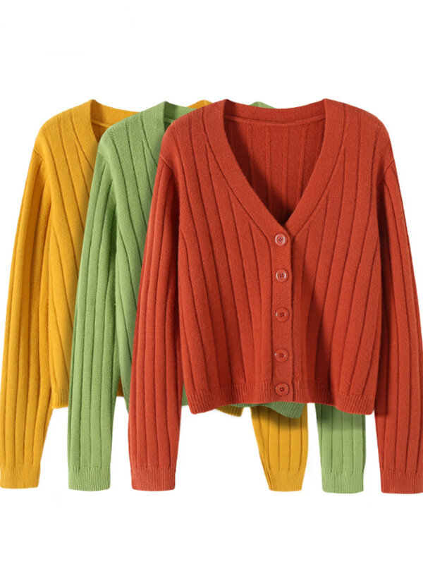 Новинка, модные женские свитера, однотонный однобортный укороченный Вязаный Кардиган с длинным рукавом и V-образным вырезом, трикотажные топы, Осень-зима