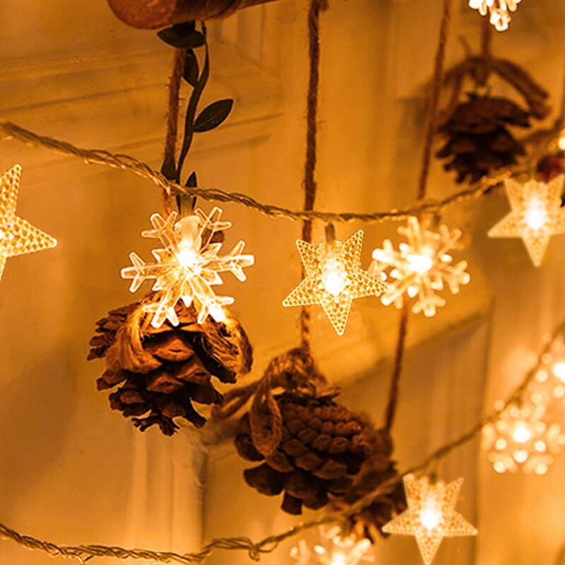 Guirnalda de luces LED con forma de copo de nieve para árbol de Navidad, decoración navideña para el hogar, colgante de luz de hadas, 2023