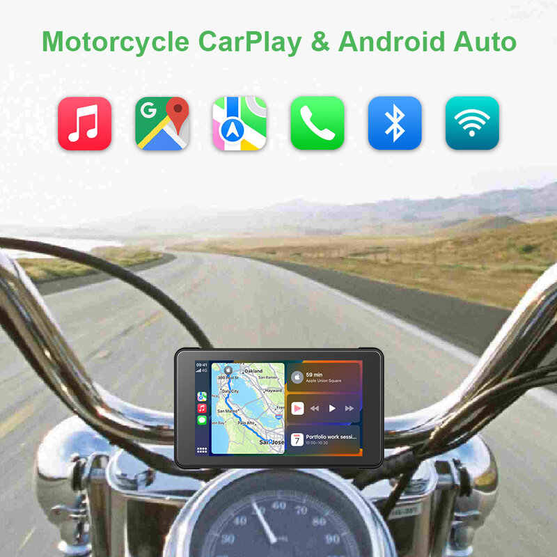 Navigator sepeda motor portabel 5 inci, Navigator nirkabel CarPlay Android Auto dengan Bluetooth Ipx7 tahan air layar IPS HD
