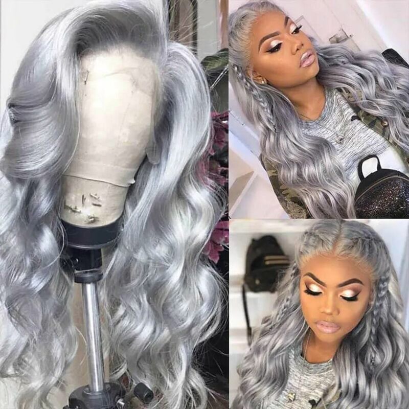 Peluca de cabello humano ondulado para mujer, pelo con encaje Frontal, color gris plateado, 100%, 13x4, HD, 180% de densidad