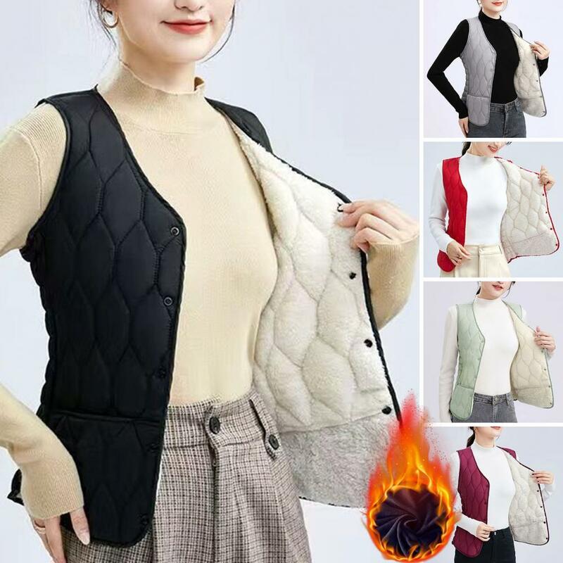 Women Autumn Winter Vest Coat Sleeveless Solid Color Padded Plush Plus Size Warm Windproof Casual V Neck Pockets Single-breasted