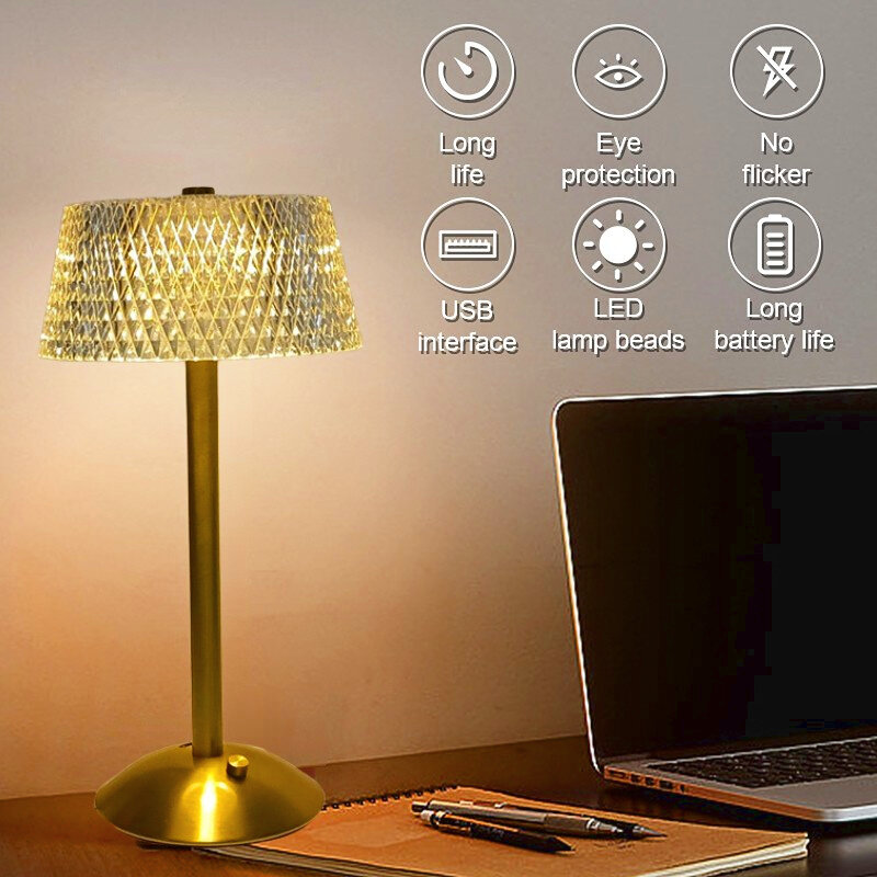 โคมไฟตั้งโต๊ะคริสตัล LED ย้อนยุคด้วยเพชรโคมไฟตั้งโต๊ะแบบ pelindung Mata ชาร์จไฟได้ผ่าน USB สำหรับโรงแรมสำนักงานห้องนอนงานแต่งงาน