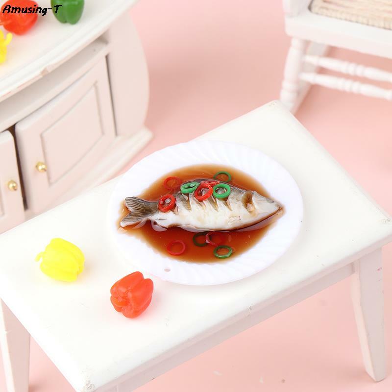 Casa de muñecas de simulación de pescado estofado, modelo de cocina china, accesorios de comida, juguetes de juego de simulación, 1:12