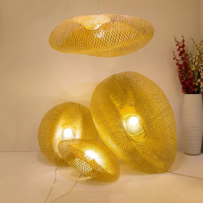 Candelabro LED tejido de bambú hecho a mano, lámparas colgantes modernas de mimbre para sala de estar, cocina, sala de té, Hotel, decoración del hogar