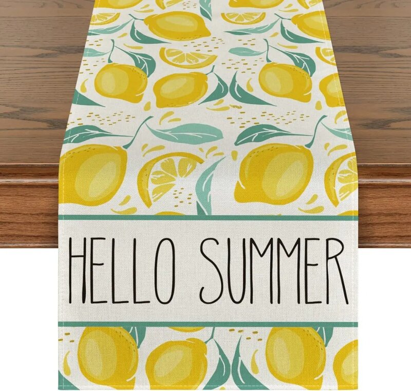 Здравствуйте, лето, лимон, льняная настольная дорожка, весна-лето, фрукты, кухня, обеденный стол, украшение для дома вечерние Decor
