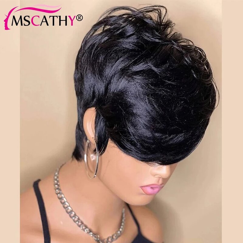 Short Bob Pixie Cut Remy Human Hair Wigs Ready To Wear Glueless Straight Natural Black Color Full Machine Made Wig With Bangs