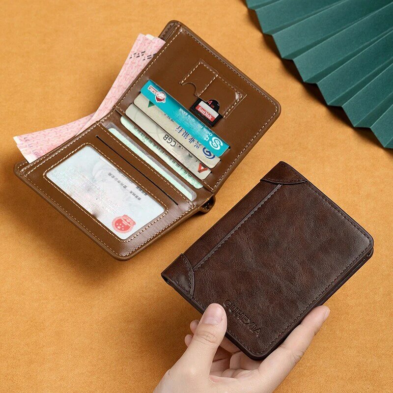 กระเป๋าสตางค์ป้องกัน RFID สำหรับผู้ชายวินเทจแบบสั้นบางกระเป๋าใส่บัตรเครดิตใช้บัตรประชาชนแบบมัลติฟังก์ชั่นหนัง PU แบบใหม่กระเป๋าใส่เงินคลิปเงิน