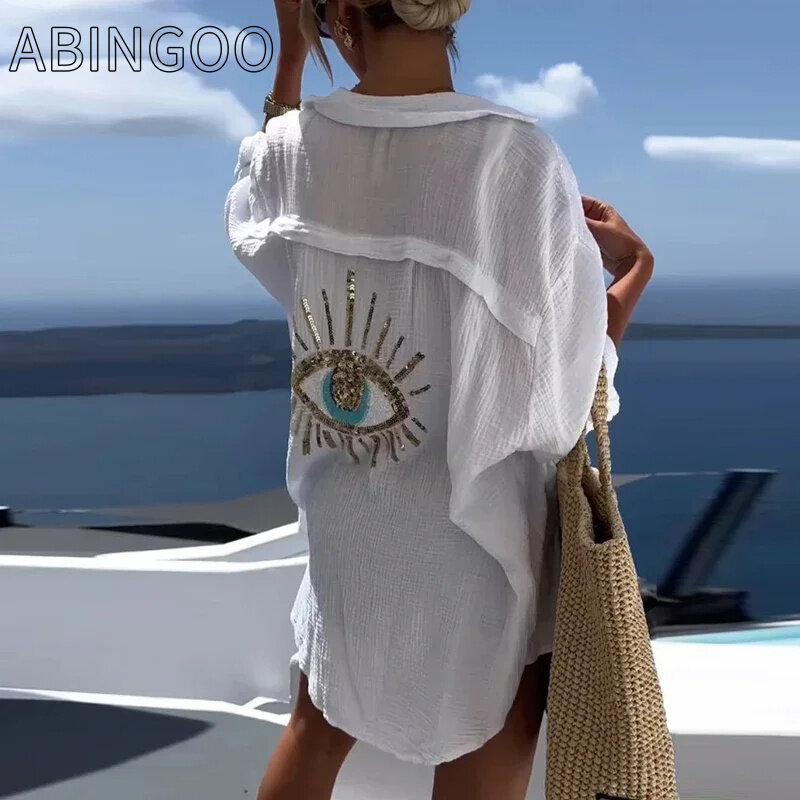 ABINGOO-camisa informal con lentejuelas para mujer, blusa holgada de lino y algodón con protección solar, color blanco