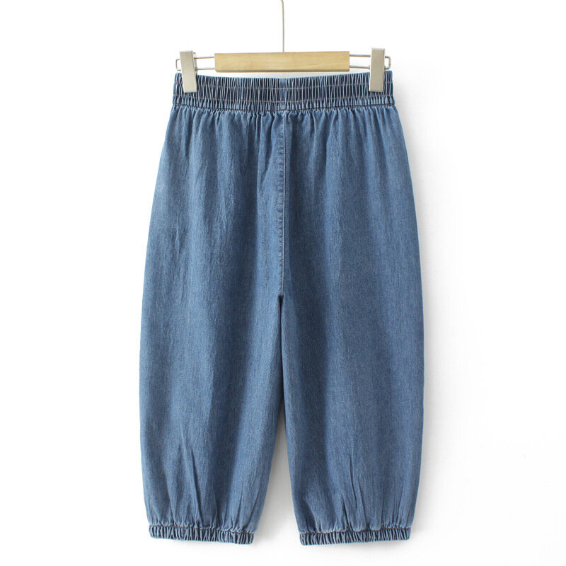 Plus Size damskie jeansy oversize cienkie bloomery krzywe etykiety kieszonkowe spodnie z denimowymi pasku Harem letnie 2023