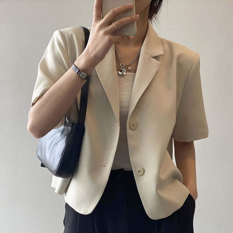 Женский однобортный Блейзер MEXZT, элегантный однотонный офисный пиджак в Корейском стиле с коротким рукавом, повседневное пальто