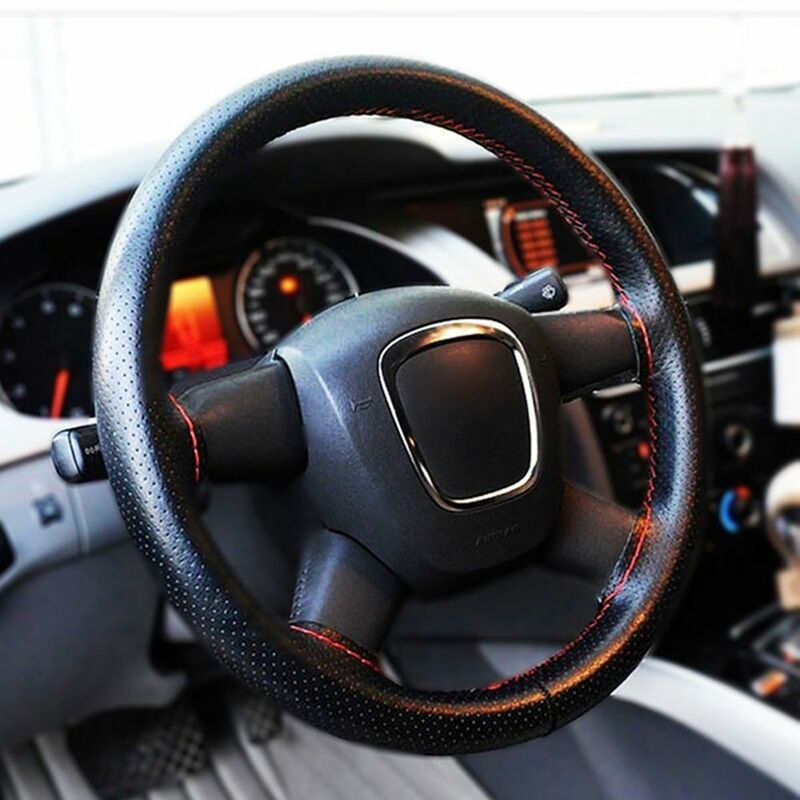 1 szt. Samochód DIY obudowa na przyciski na kierownicy z igłami z nitką sztuczna skóra szara czarny ochraniacz akcesoria samochodowe wnętrza
