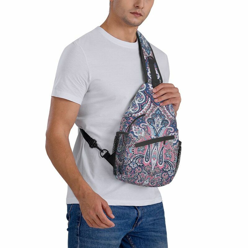Desert Rose And Blue Paisley Printed Sling Crossbody Backpack Men Boho Floral Art Chest Shoulder Bag for Cycling Camping Daypack