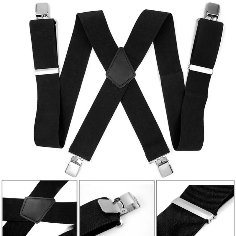 Adjustable Elastic Suspenders Men Solid Color Polyester Elastic Adult Belt X-Shape Wide Band Braces Strap with 4 Clips for Women