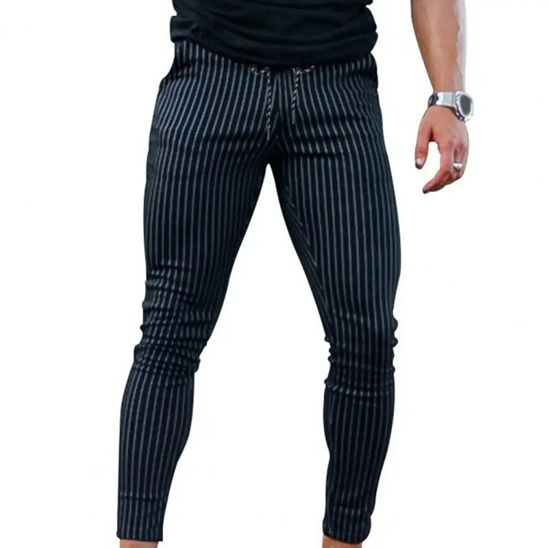 Men Daily Trousers Striped Print Men's Pencil Pants Slim Fit Adjustable Waist Breathable Fabric for Business Dating Office Wear