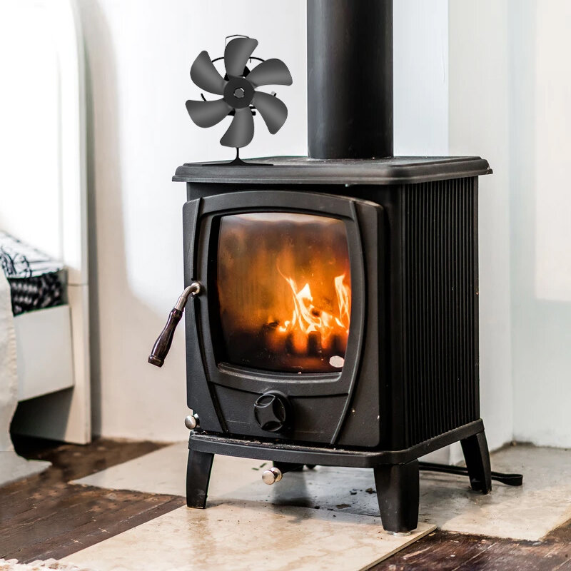 6 Blades Heat Powered Stove Fan Black Fireplace Log Wood Burner Eco-fan Quiet Home Fireplace Fan Efficient Heat Distribution