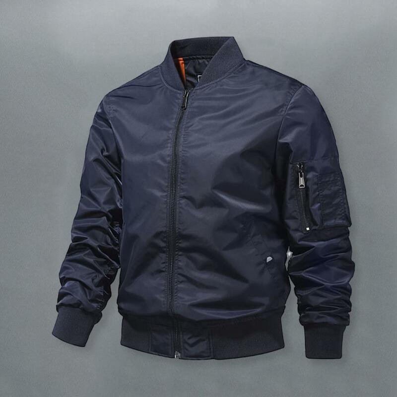 Men Fall Spring Jacket Stand Collar Windproof Coat Long Sleeve Zipper Closure Multi Pockets Casual Outdoor Cardigan Coat