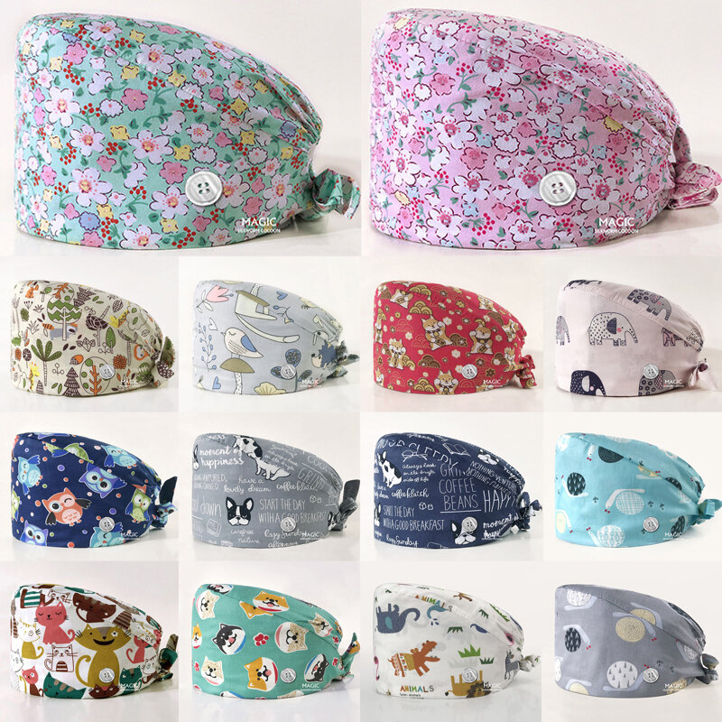 Casual Floral Soft Hat Printing Nurse Sweat-absorbent Head Wrap Towel Surgical Anti-Dirty Pure Cotton Cap With Button Scrub Cap