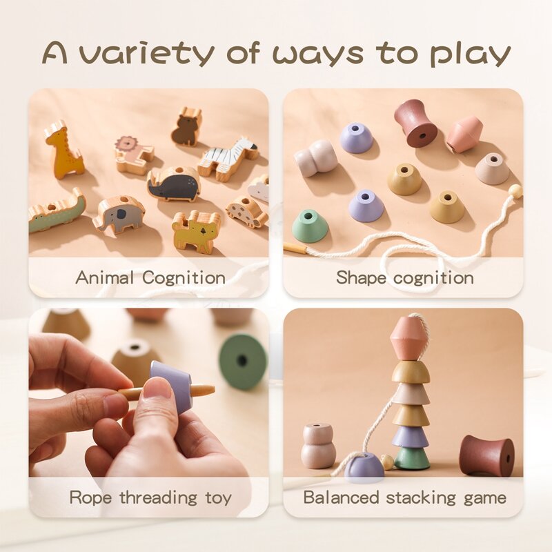 Baby Animal Threading Toys Wooden Stacking Toys Blocks Board Games Wooden Toys Baby Animal Stringing Threading Beads Toy Gift