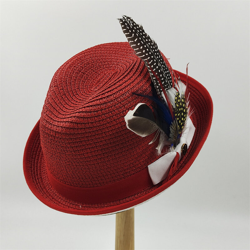 Sombrero de paja de ala rizada de plumas Vintage para hombre, sombrero de paja panamá con cinta de Jazz de lujo, moda 2023