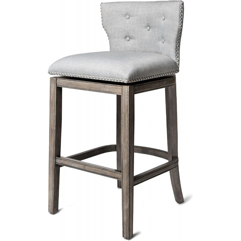 Maven Lane Hugo 31 Inch High Bar Height Barstool with Low Back in Reclaimed Oak Finish with Ash Grey Fabric Upholstered Seat