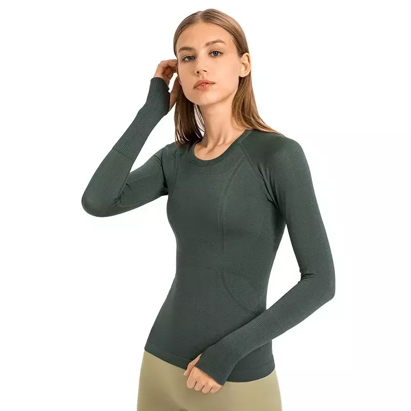 ชุดโยคะสำหรับผู้หญิงเสื้อยืดแขนยาวสำหรับฟิตเนสแห้งเร็วถักแบบ1.0ยืดหยุ่นระบายอากาศได้ดีพิมพ์ลายโลโก้