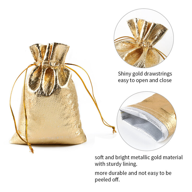 50 pacote 7x9x12 10x15cm ajustável jóias embalagem tecido saco prata/ouro cores cordão casamento armazenamento jóias malotes