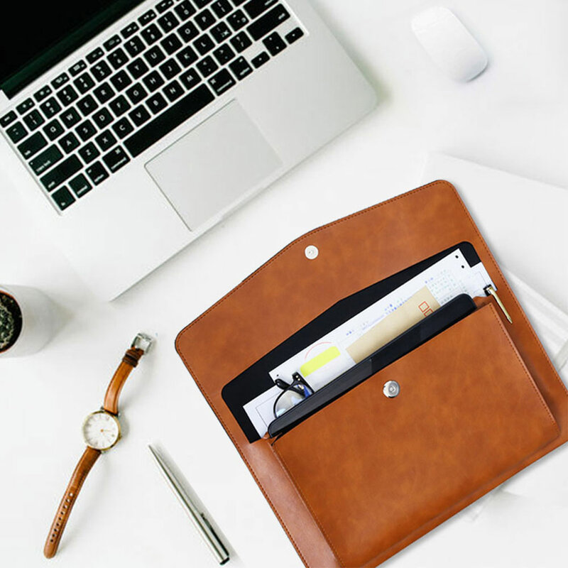 A4 Leather Business Briefcase, letras personalizadas grátis, botão magnético, capas impermeáveis para laptop, pasta de arquivos, organizador do escritório