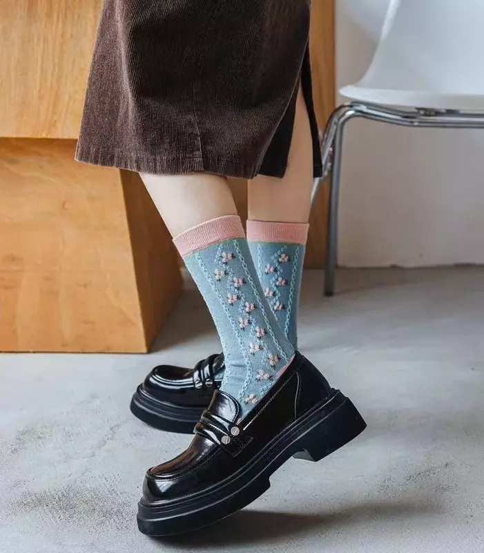 2023 New Winter and Spring Tulip Series Women Medium Hose Kawaii Versatile Flower Girl Student Cotton Socks Long Socks