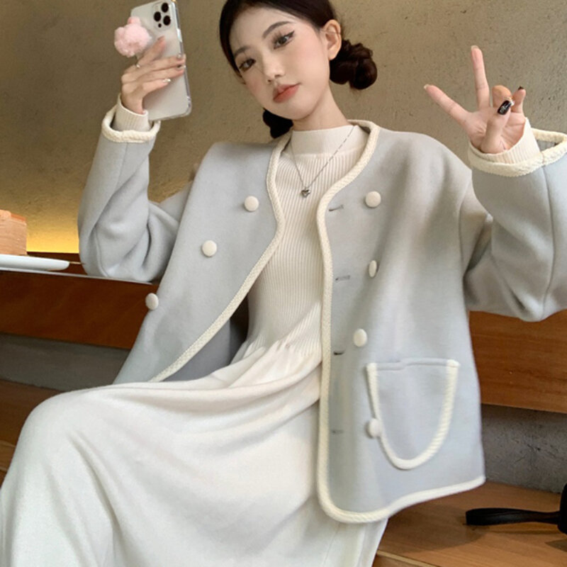 여성용 트위드 재킷, 긴팔 싱글 브레스트 상의, 하프 하이 넥 니트, 긴 원피스 의상, 한국 패션, 2 피스 세트