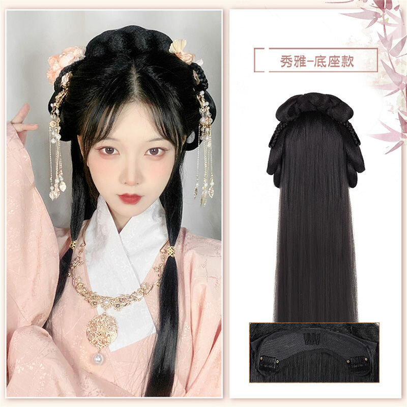 Peruca Hanfu chinesa e Headband, Antique Bow Bun, Novice Canção diária e Dinastia Ming Costume Estilo Bun