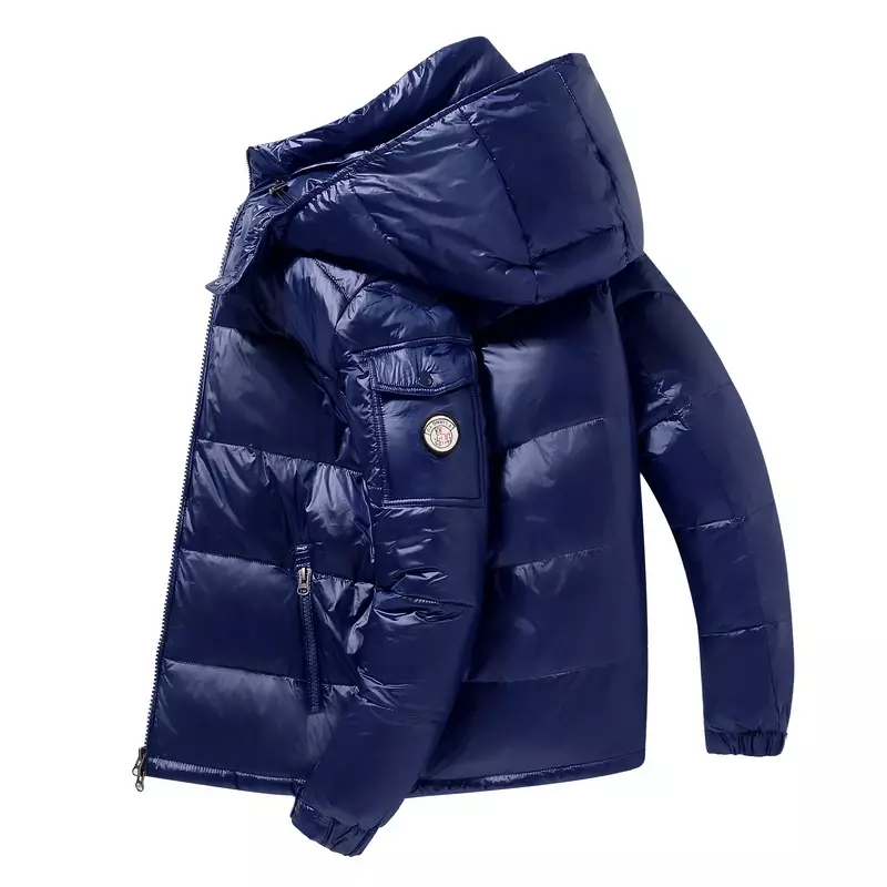 남성용 따뜻한 다운 재킷, 밝은 짧은 다운 코트, 야외 조명 방수, 화이트 덕 다운 후드 파카, 겨울 패션, 2023 신상